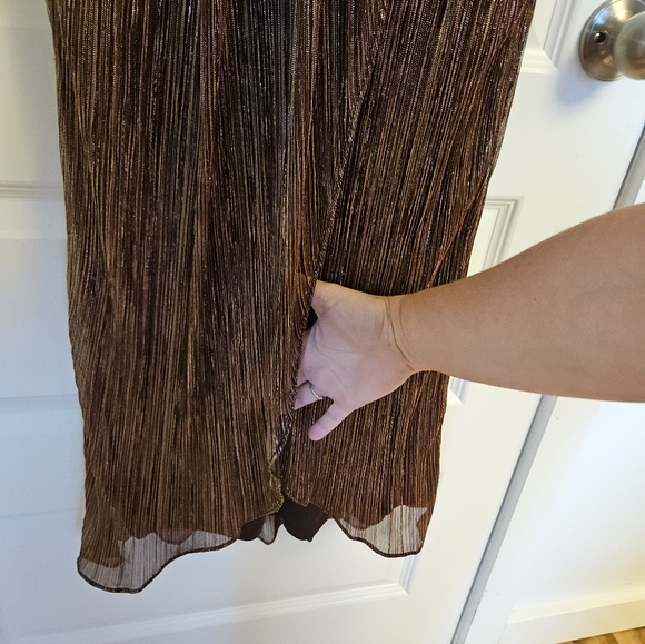 Adrianna Papell Metallic Bronze Halter Pleated Midi Dress - Picture 6 of 8